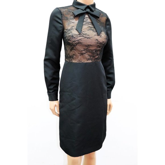 MIKAEL AGHAL Baby Doll LACE Bodice BLACK DRESS little Black Dress BOW Tie Size 2 - Picture 1 of 5